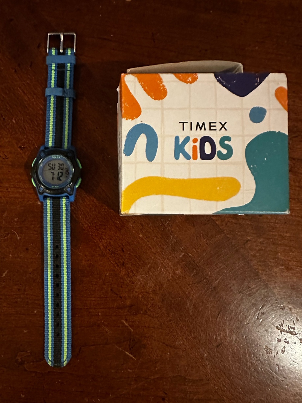 Timex Kids Digital Watch (Blue & Green Striped Fabric Strap)